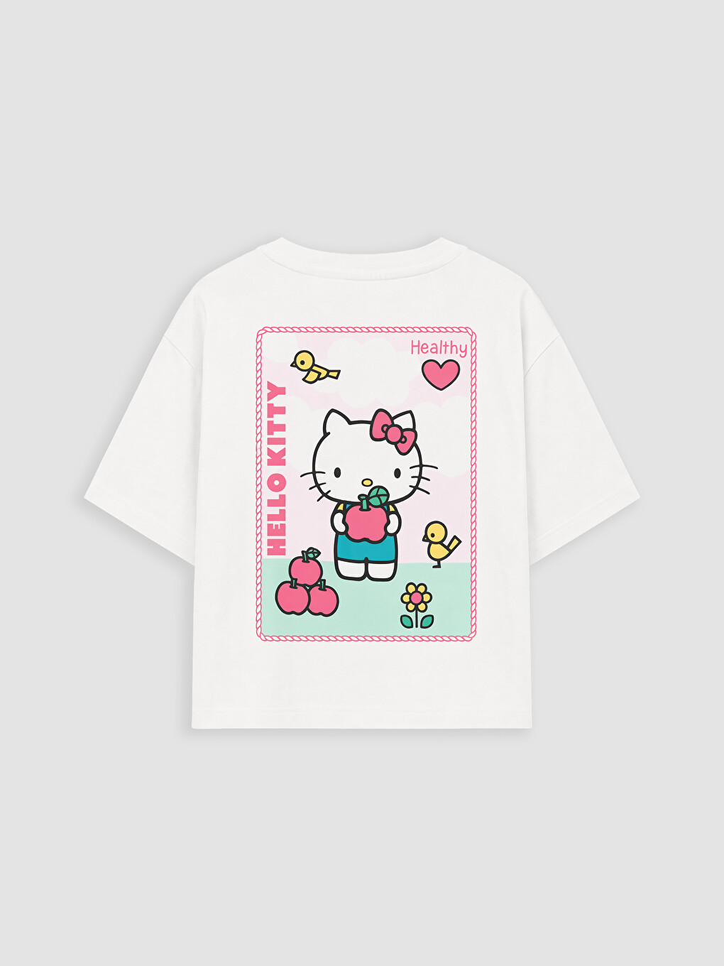 Beyaz Bisiklet Yaka Hello Kitty Baskılı Kız Çocuk Tişört-2