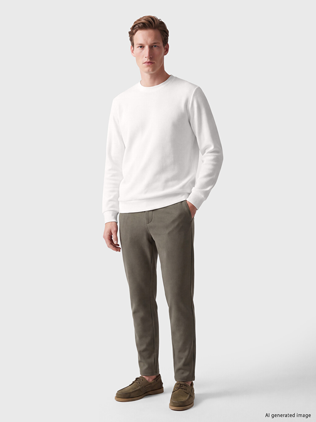 Beyaz Bisiklet Yaka Erkek Sweatshirt-1