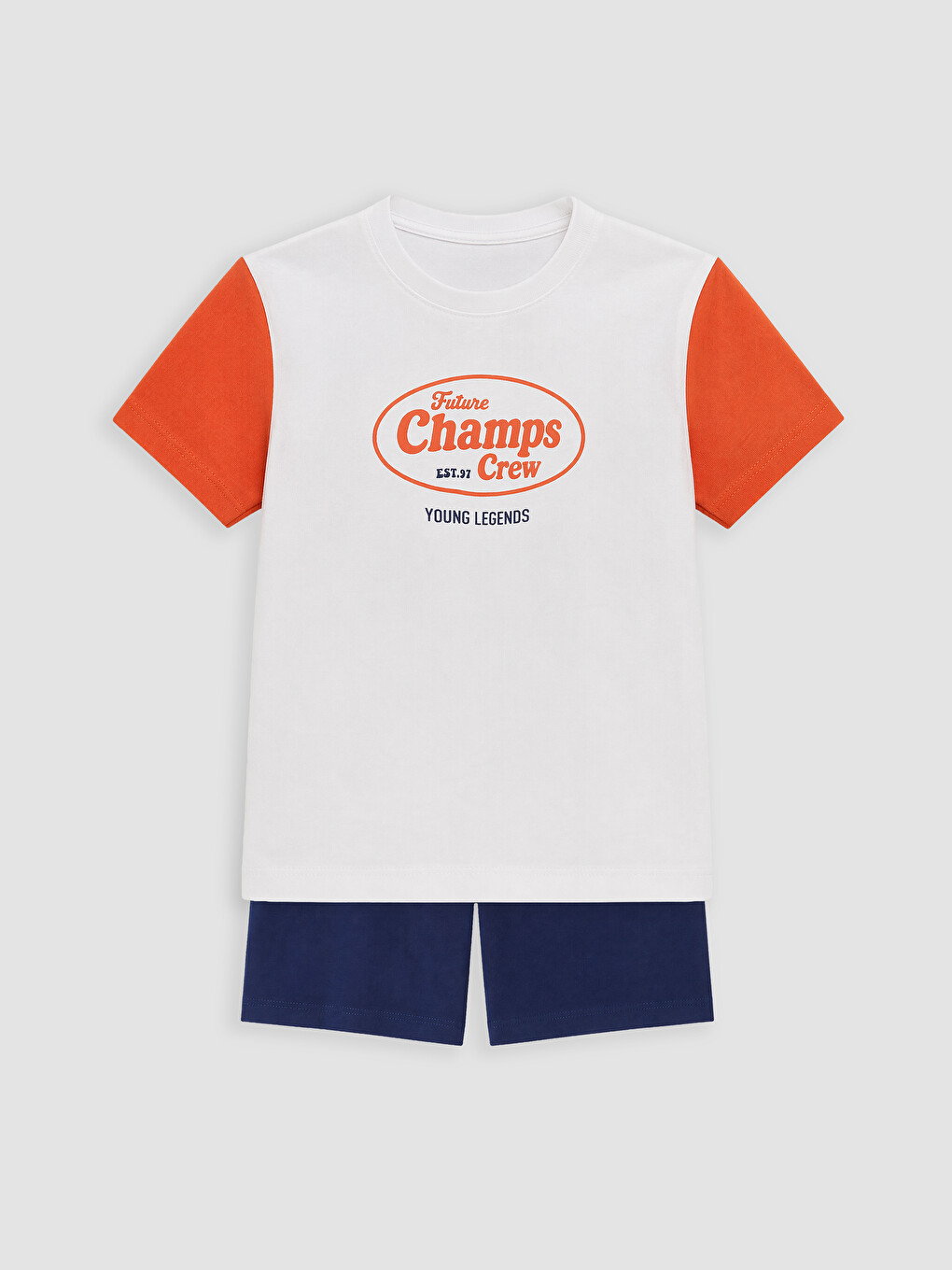 Beyaz Bisiklet Yaka Erkek Çocuk Şortlu Pijama Takımı