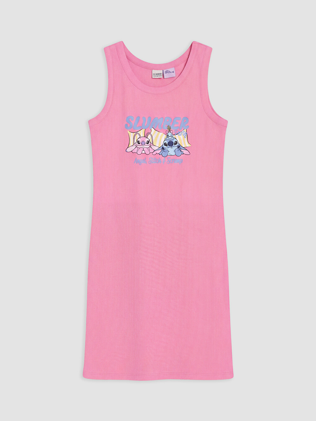 Pembe Stitch Ve Angel Baskılı Kız Çocuk Elbise