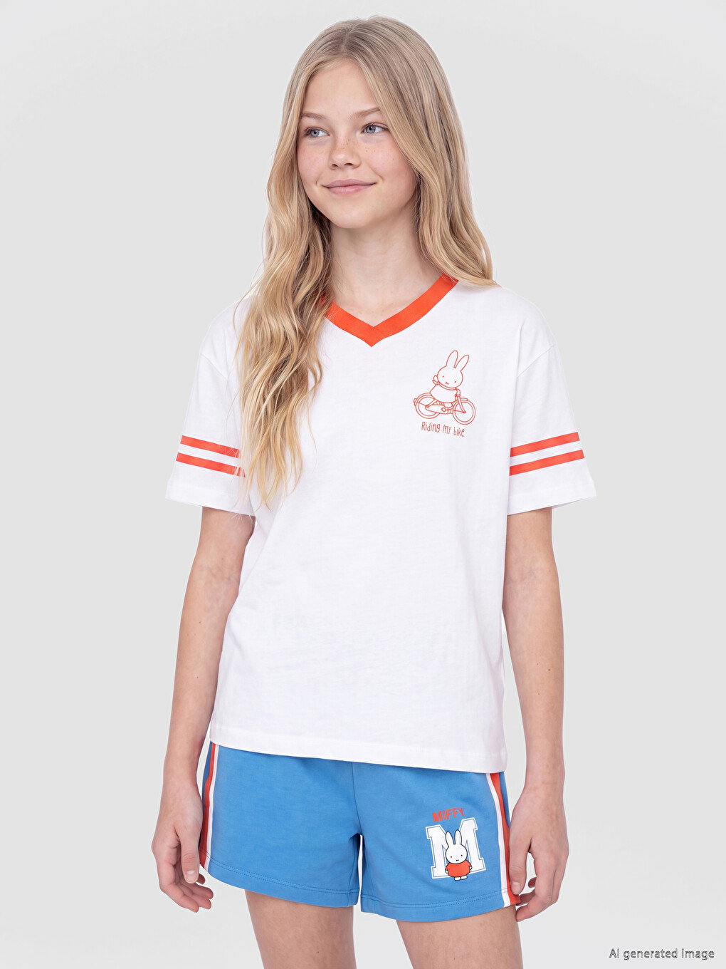 Beyaz Miffy Lisanslı V Yaka Kız Çocuk Tişört-1
