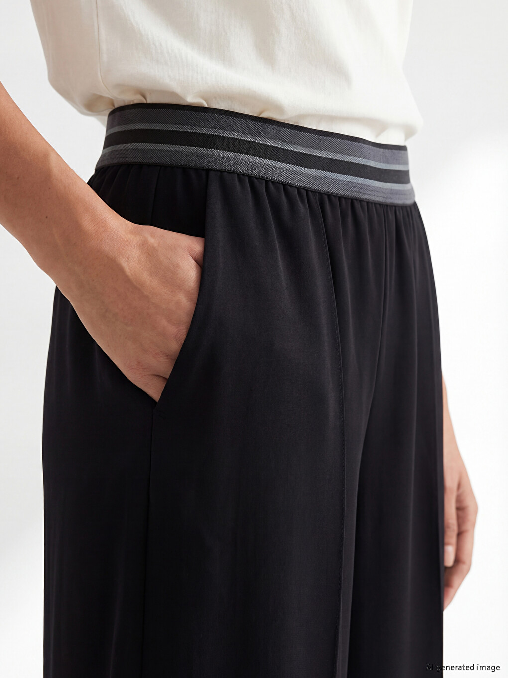 Siyah Beli Lastikli Geniş Paça Kadın Pantolon-2