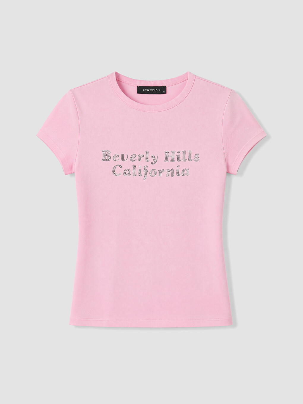 Pembe Bisiklet Yaka Beverly Hills Baskılı Kadın Tişört-4