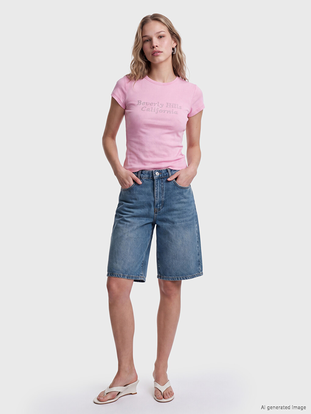 Pembe Bisiklet Yaka Beverly Hills Baskılı Kadın Tişört-1