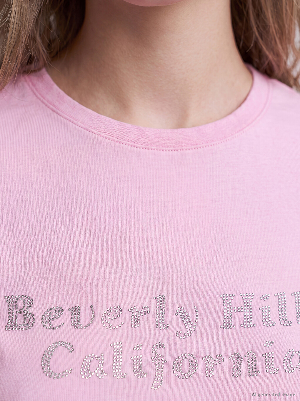 Pembe Bisiklet Yaka Beverly Hills Baskılı Kadın Tişört-2
