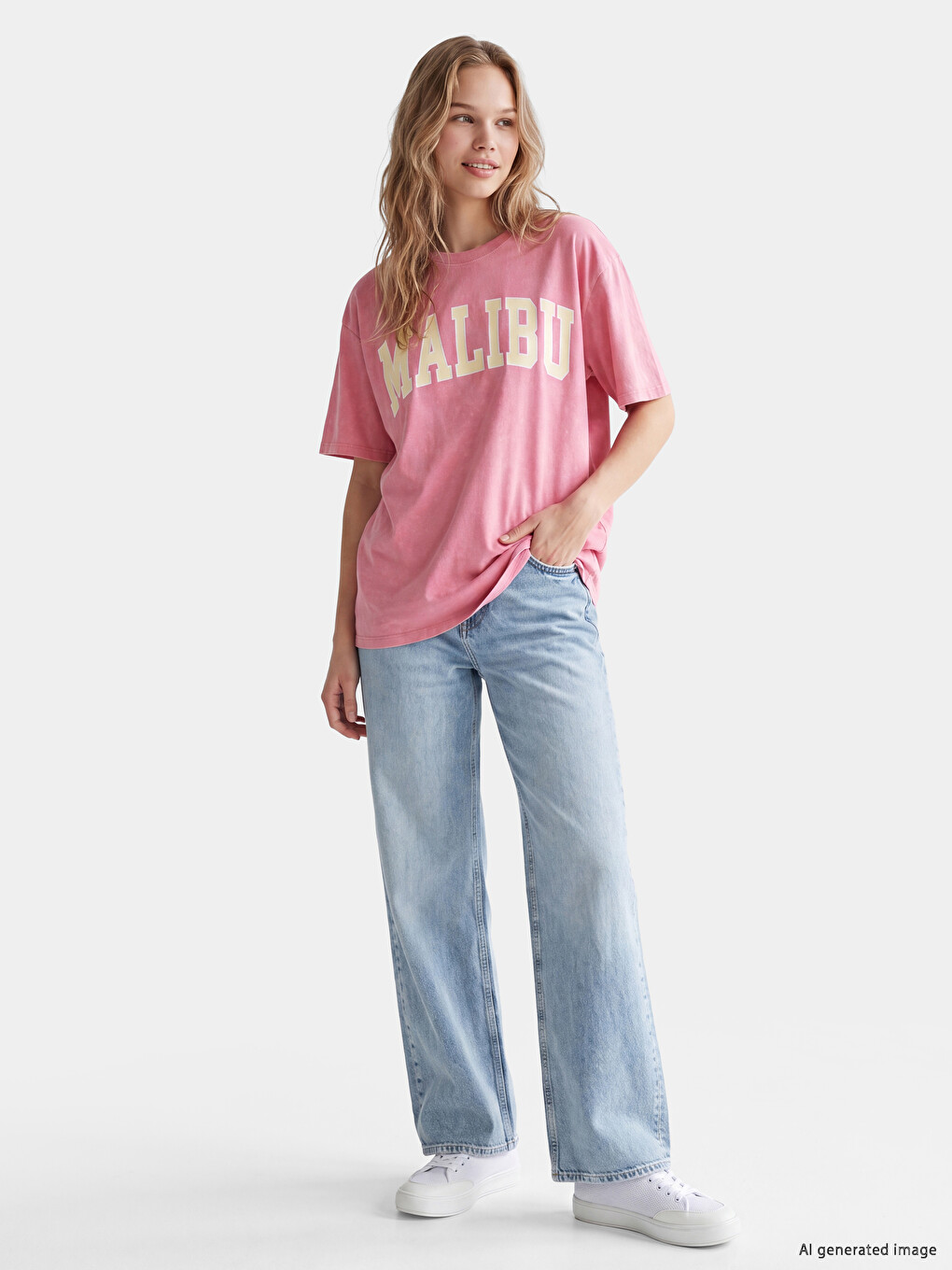 Pembe %100 Pamuklu Oversize Kadın Tişört-1