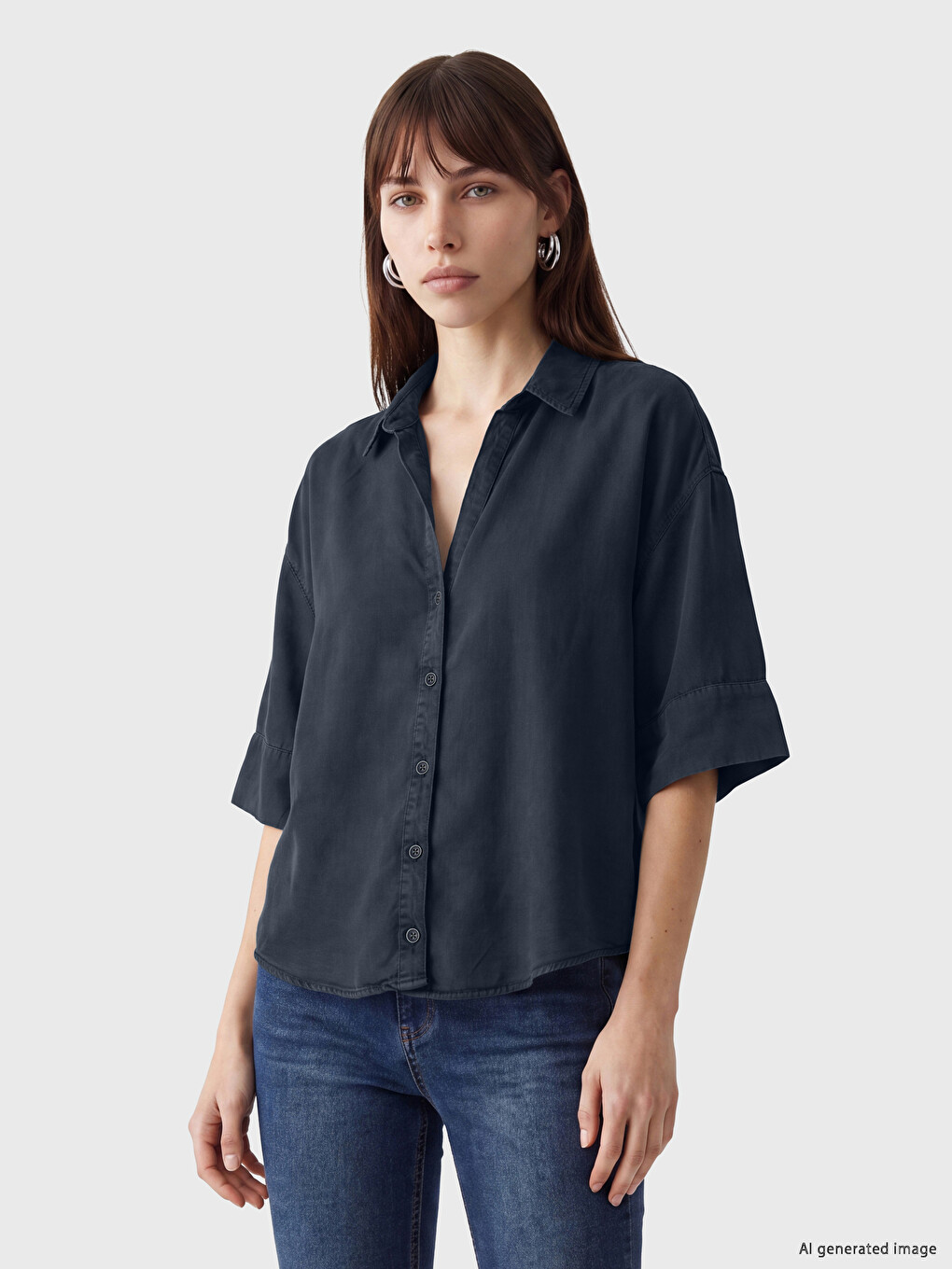 Lacivert Oversize Kadın Jean Gömlek