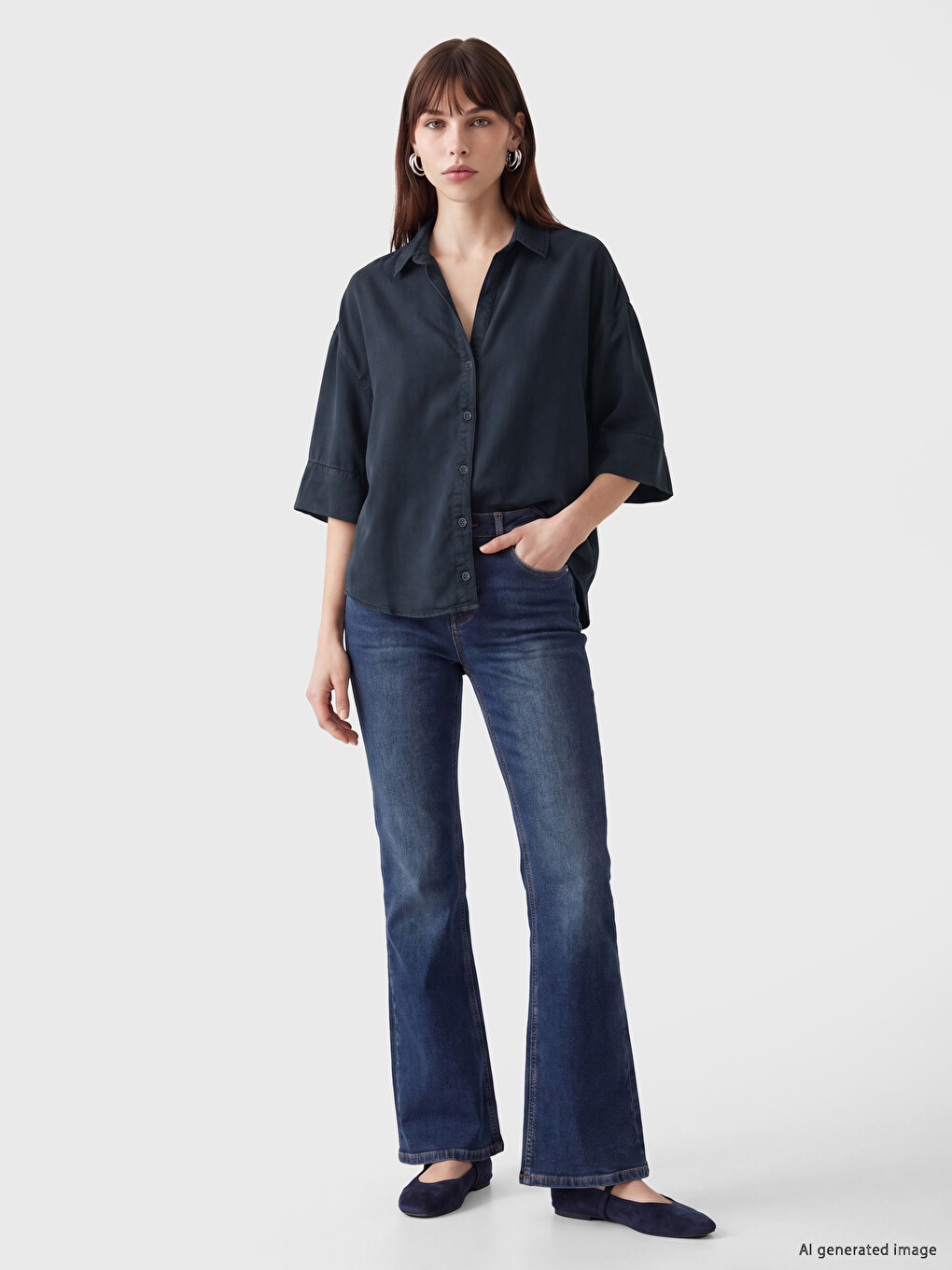 Lacivert Oversize Kadın Jean Gömlek-1