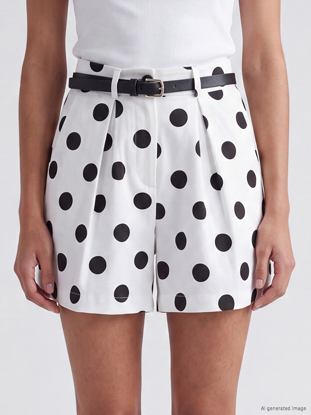 Belted Waist Polka Dot Women's Pleated Shorts-2
