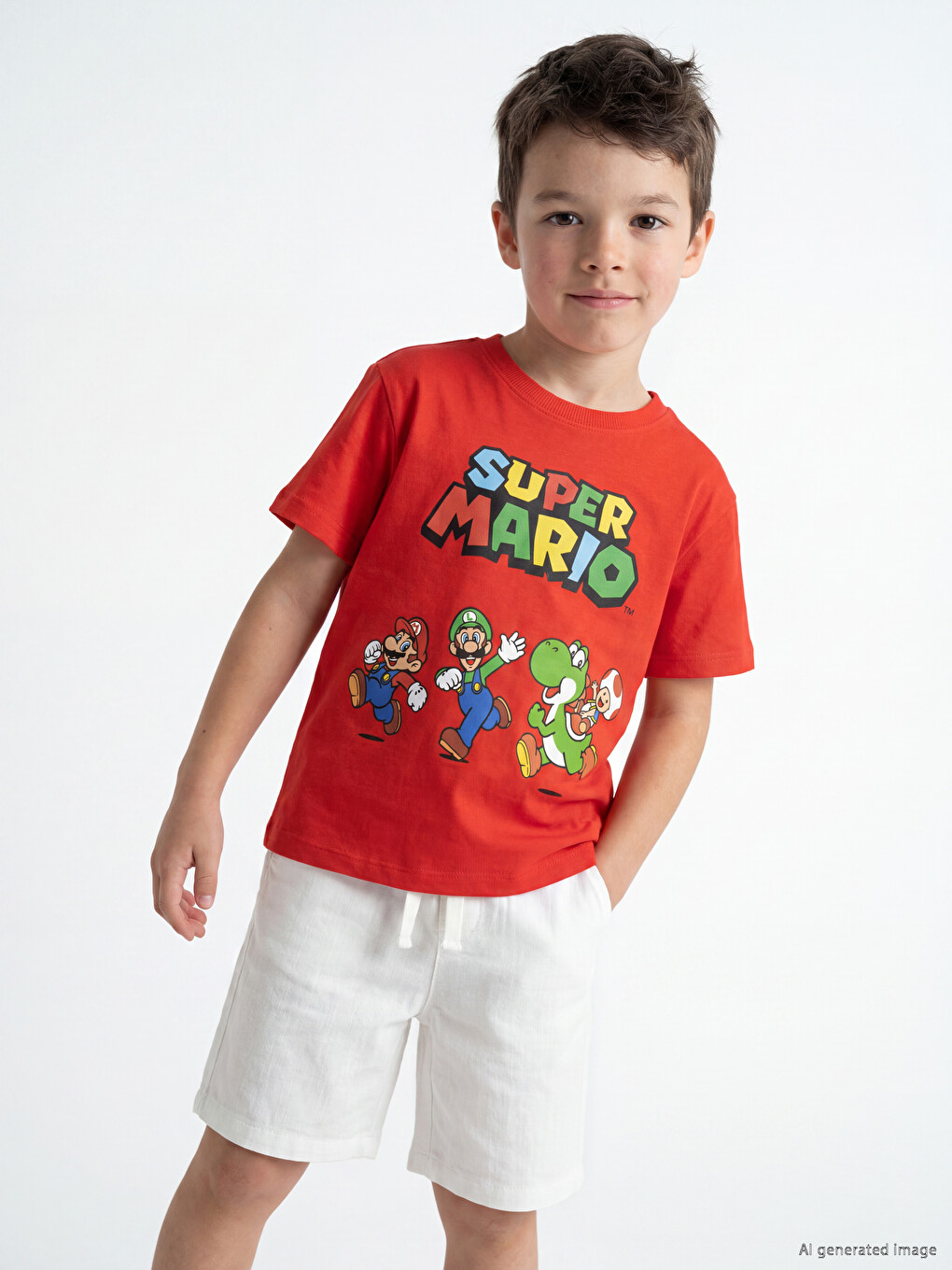 Crew Neck Super Mario Printed Boys' T-shirt