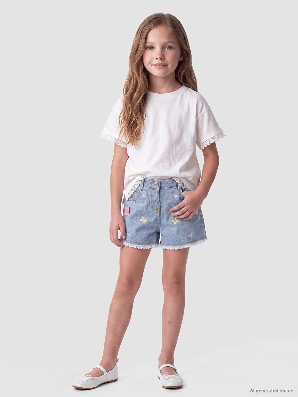 Flower Embroidered Girls' Jean Shorts-1