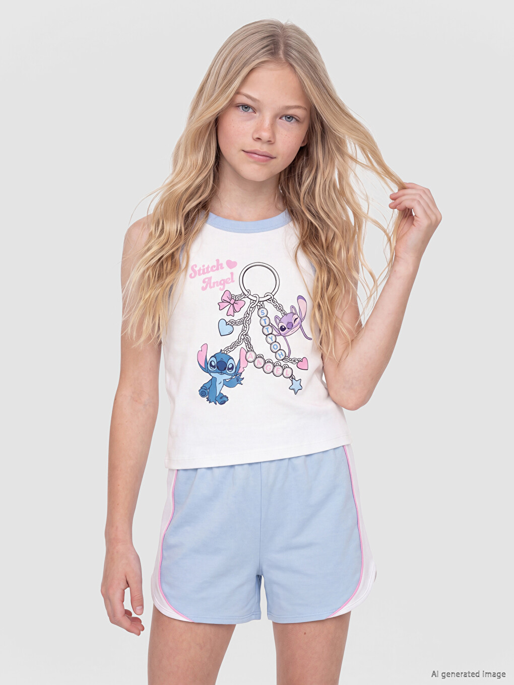 Set Me Pantallona Të Shkurtra Stitch Dhe Angel Me Licencë Për Vajza-1