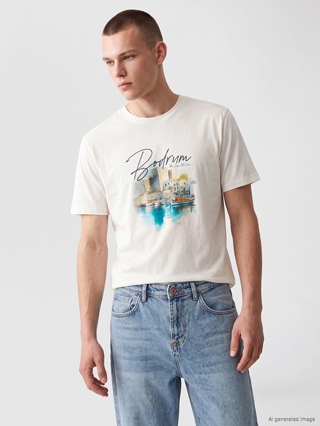 Crew Neck Bodrum Printed Jersey Men's T-shirt