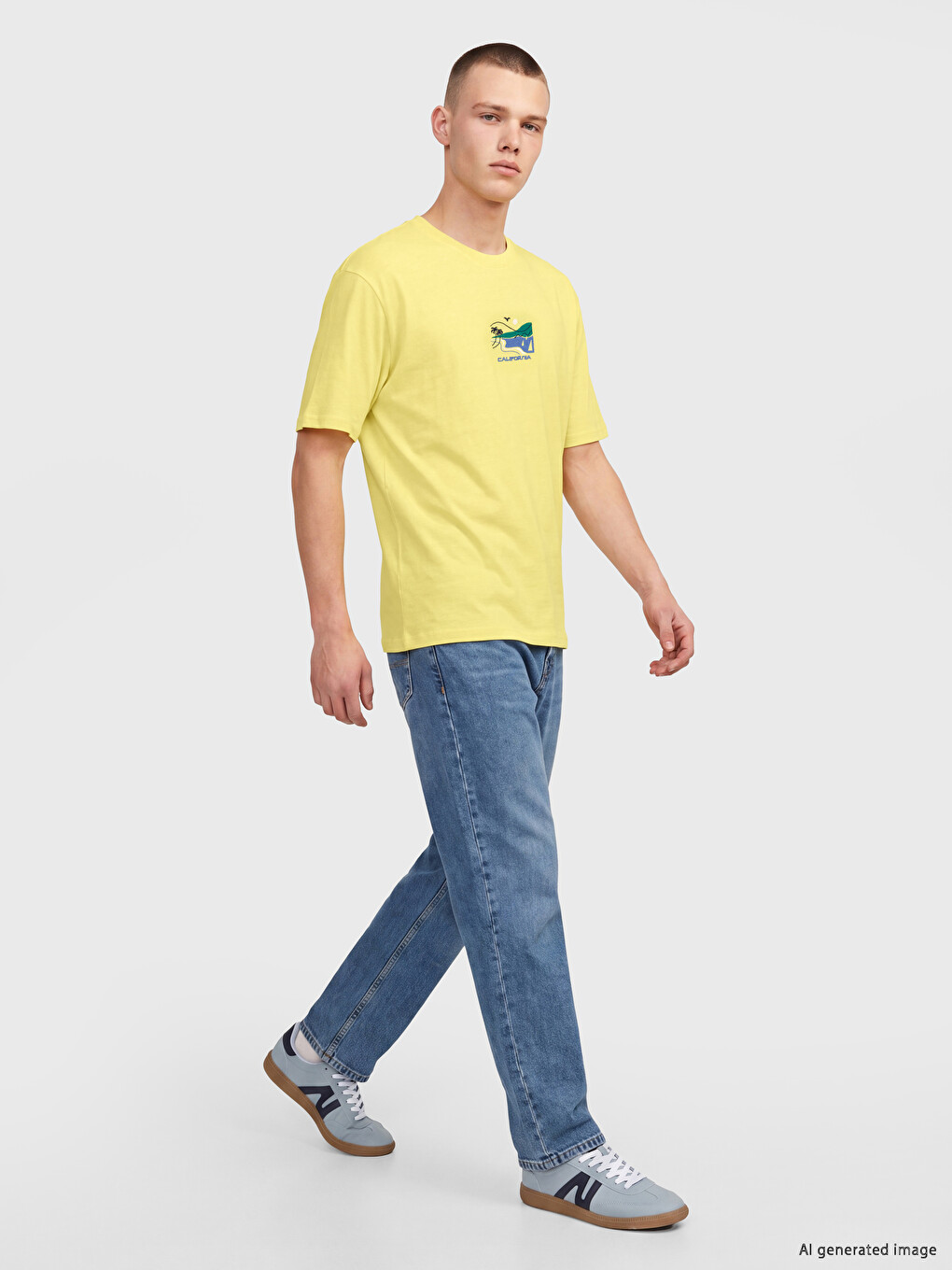 Sarı Bisiklet Yaka California Baskılı Erkek Tişört-1