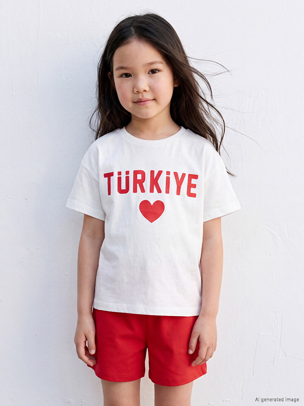 Beyaz Bisiklet Yaka Baskılı Kız Çocuk Tişört-1