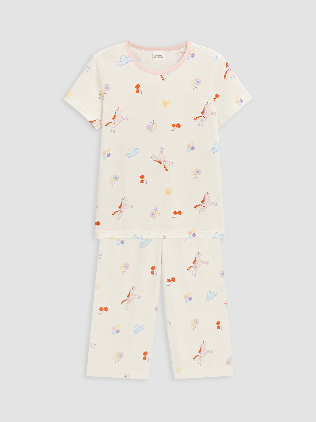 Ekru Bisiklet Yaka Kız Çocuk Kaprili Pijama Takımı
