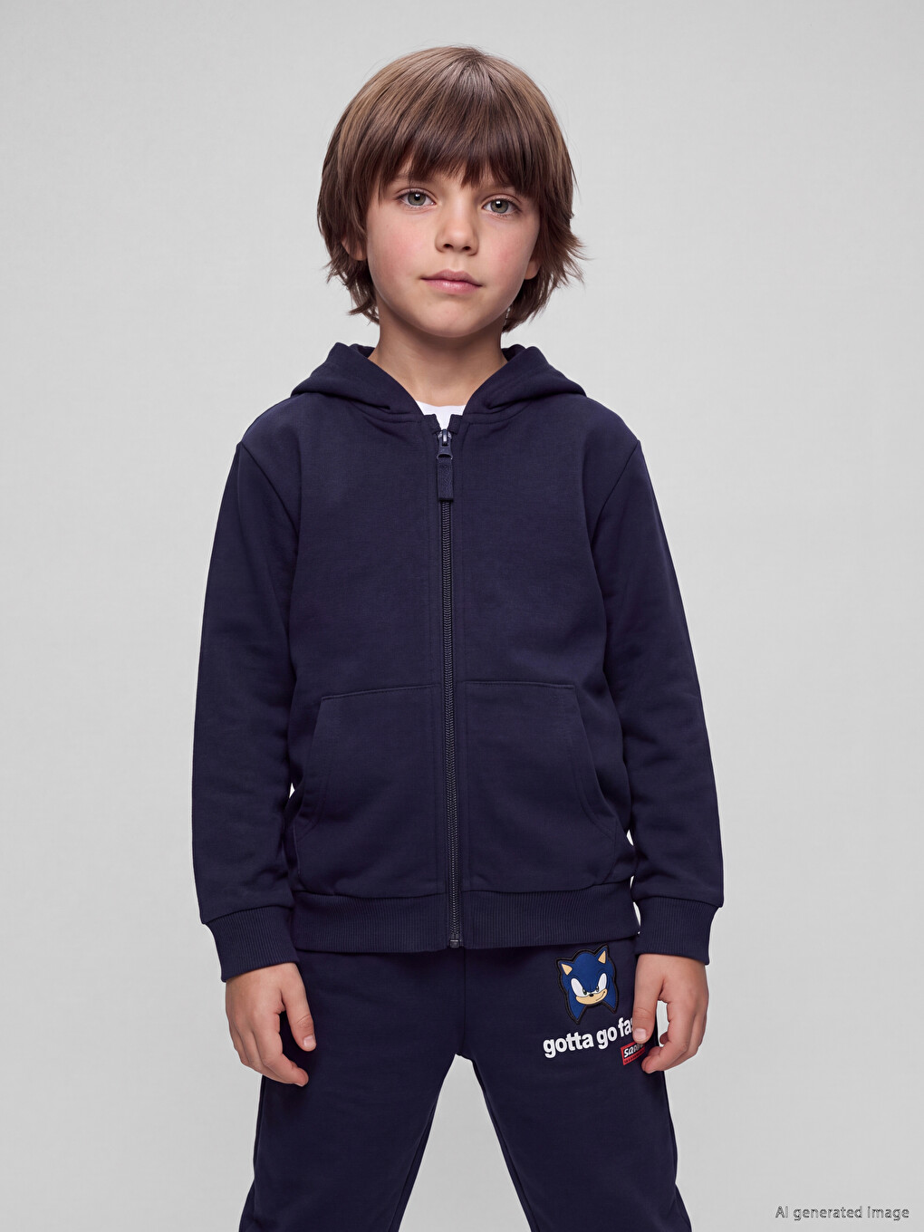 Lacivert Kapüşonlu Erkek Çocuk Fermuarlı Sweatshirt