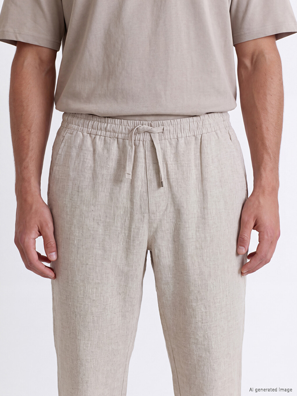Bej Regular Fit %100 Keten Erkek Pantolon-2