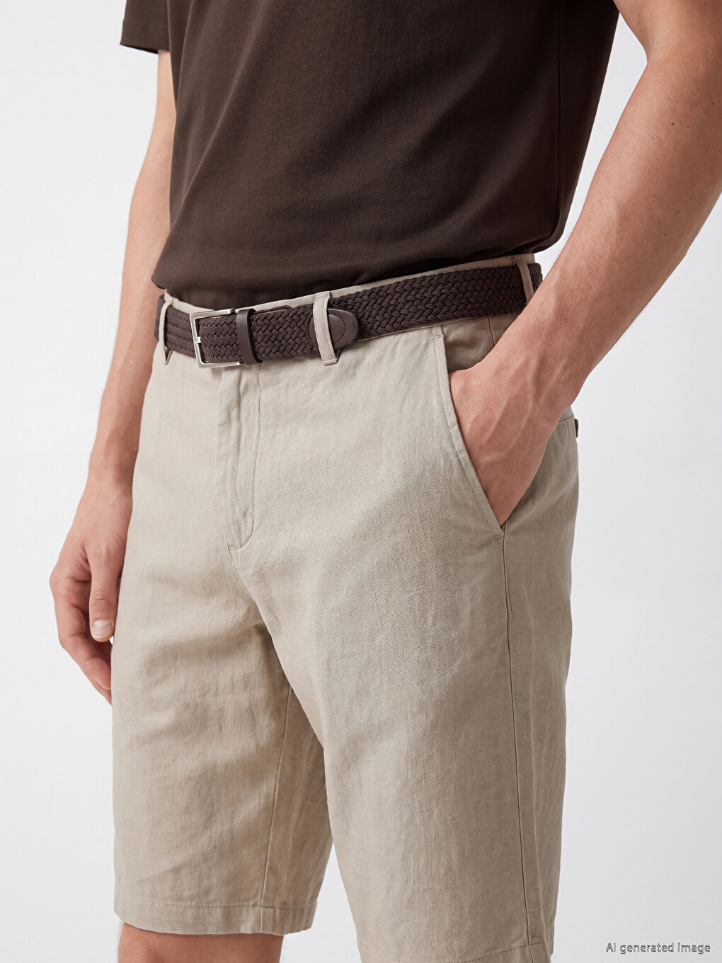 Bej Regular Fit Kemerli Erkek Şort-2