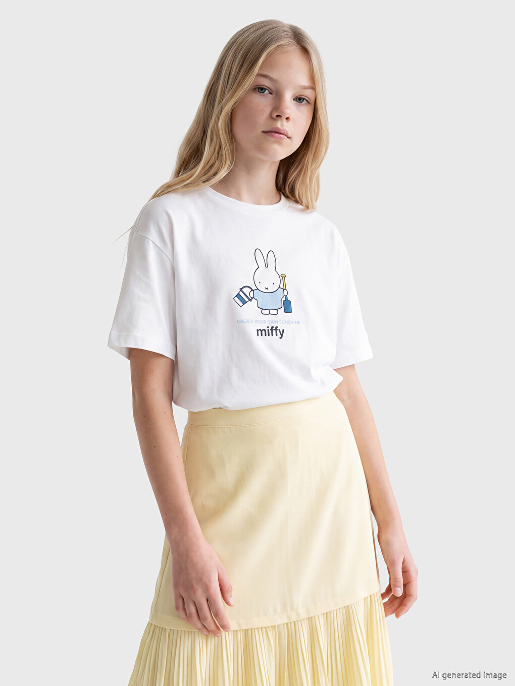 Beyaz Bisiklet Yaka Miffy Baskılı Kız Çocuk Tişört-1