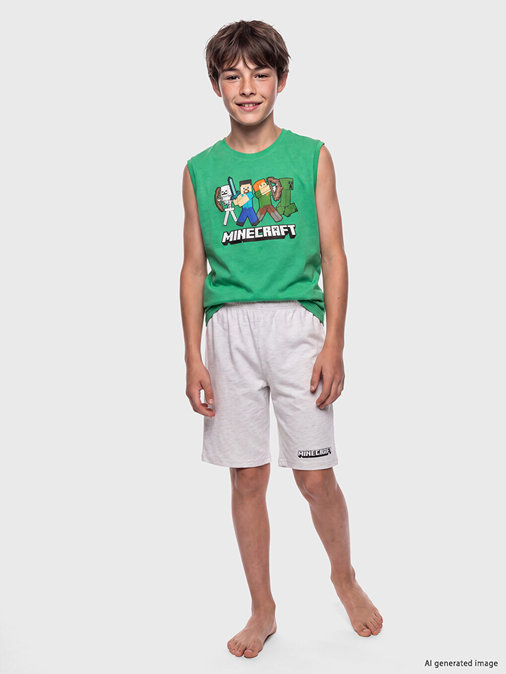 Yeşil Erkek Çocuk Minecraft Baskılı Şortlu Pijama Takımı