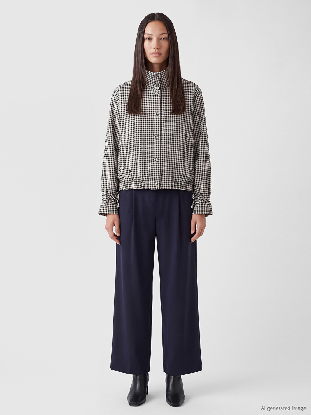 Ekru Dik Yaka Ekose Oversize Kadın Ceket-1