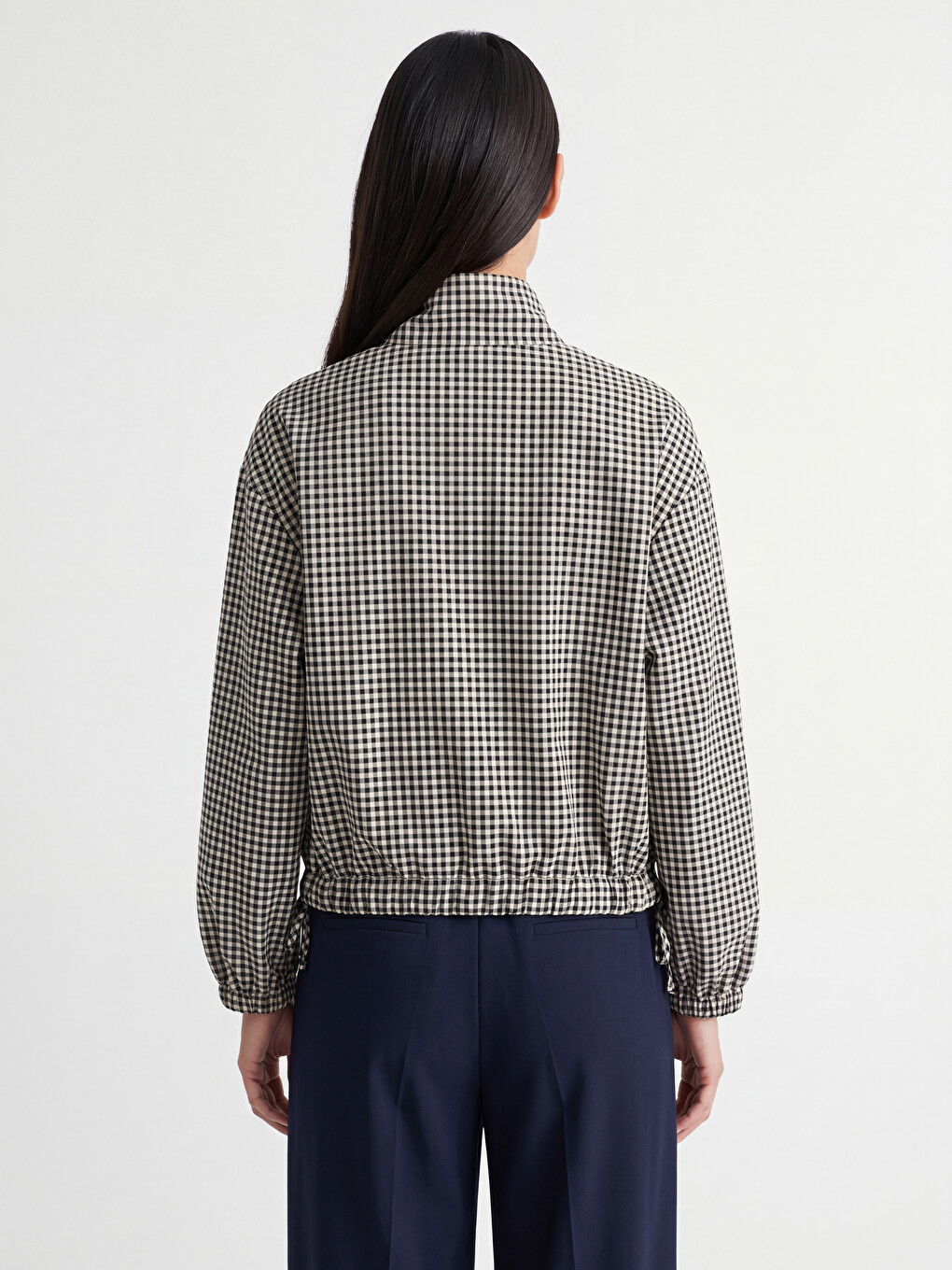 Ekru Dik Yaka Ekose Oversize Kadın Ceket-3