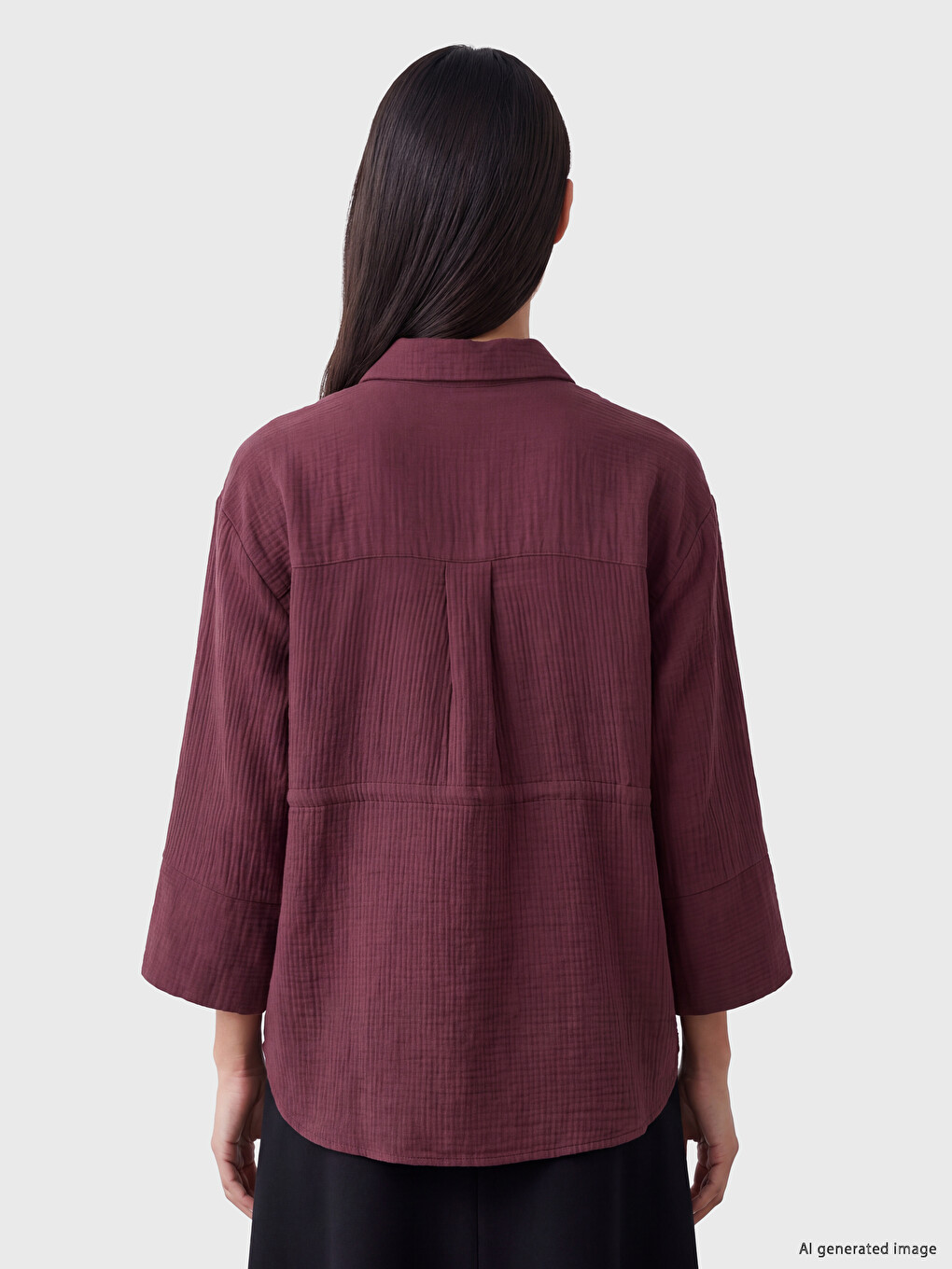 Bordo Büzgülü Oversize Müslin Kadın Gömlek-3