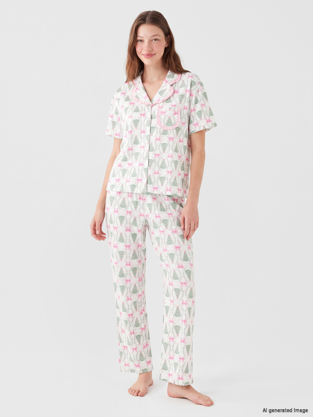 Ekru Yılbaşı Temalı Kadın Pijama Takımı