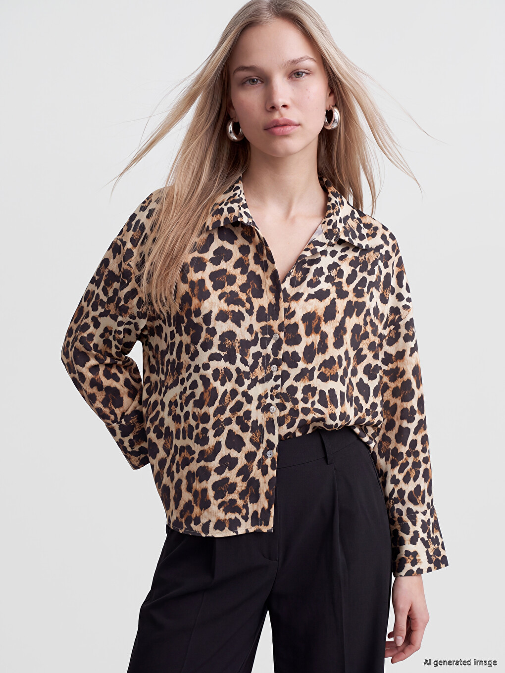 Siyah Leopar Desenli Oversize Kadın Gömlek