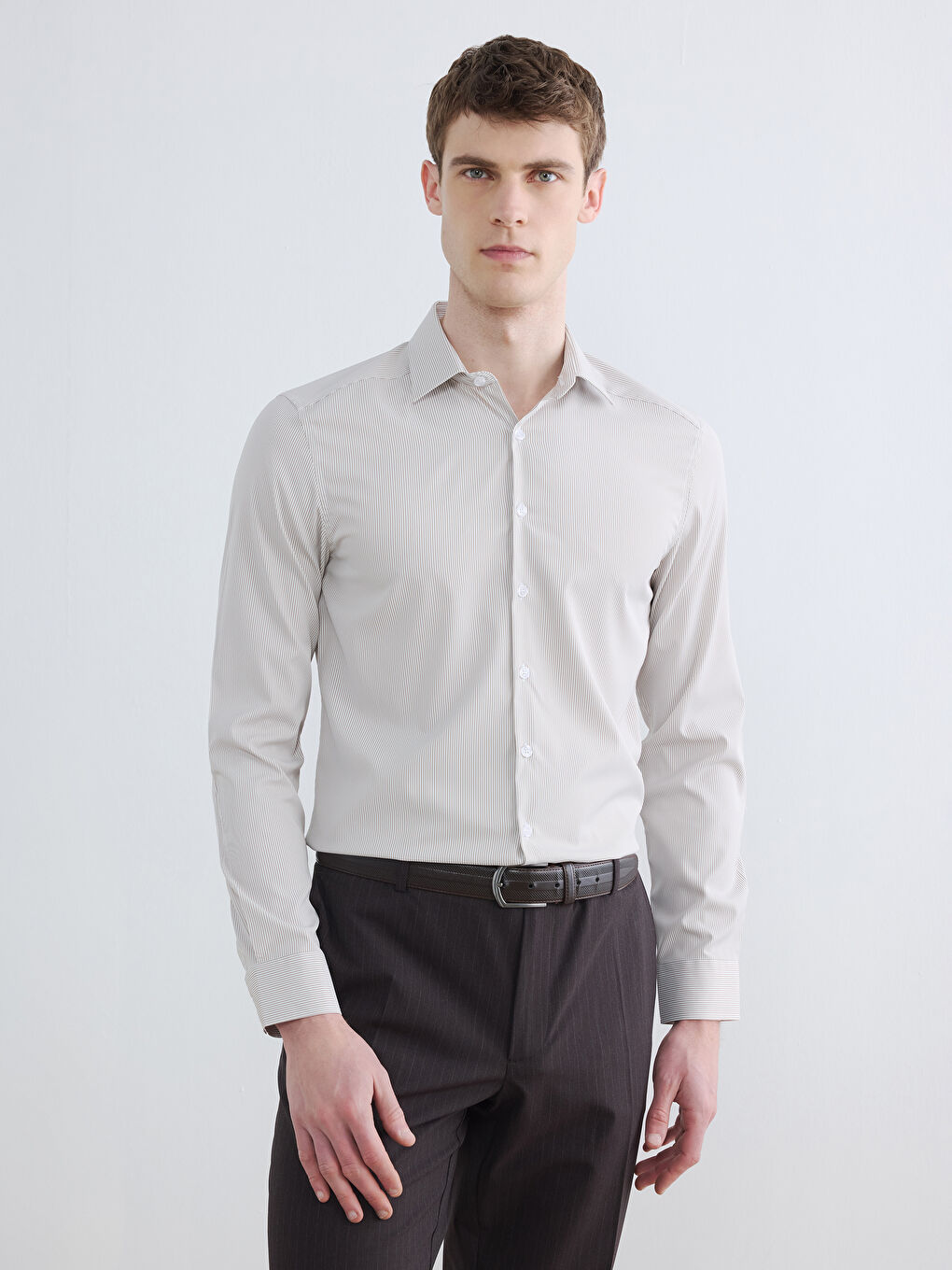 Bej Slim Fit Çizgili Erkek Gömlek