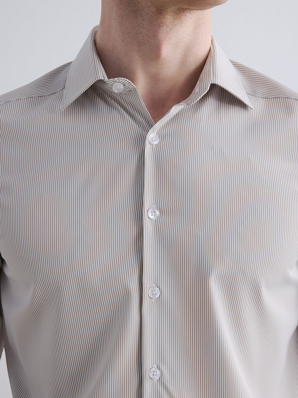 Bej Slim Fit Çizgili Erkek Gömlek-2