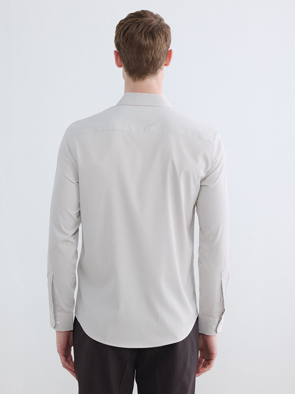 Bej Slim Fit Çizgili Erkek Gömlek-3