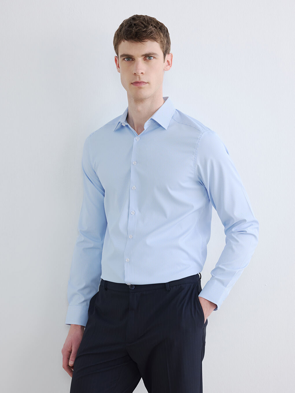 Mavi Slim Fit Çizgili Erkek Gömlek