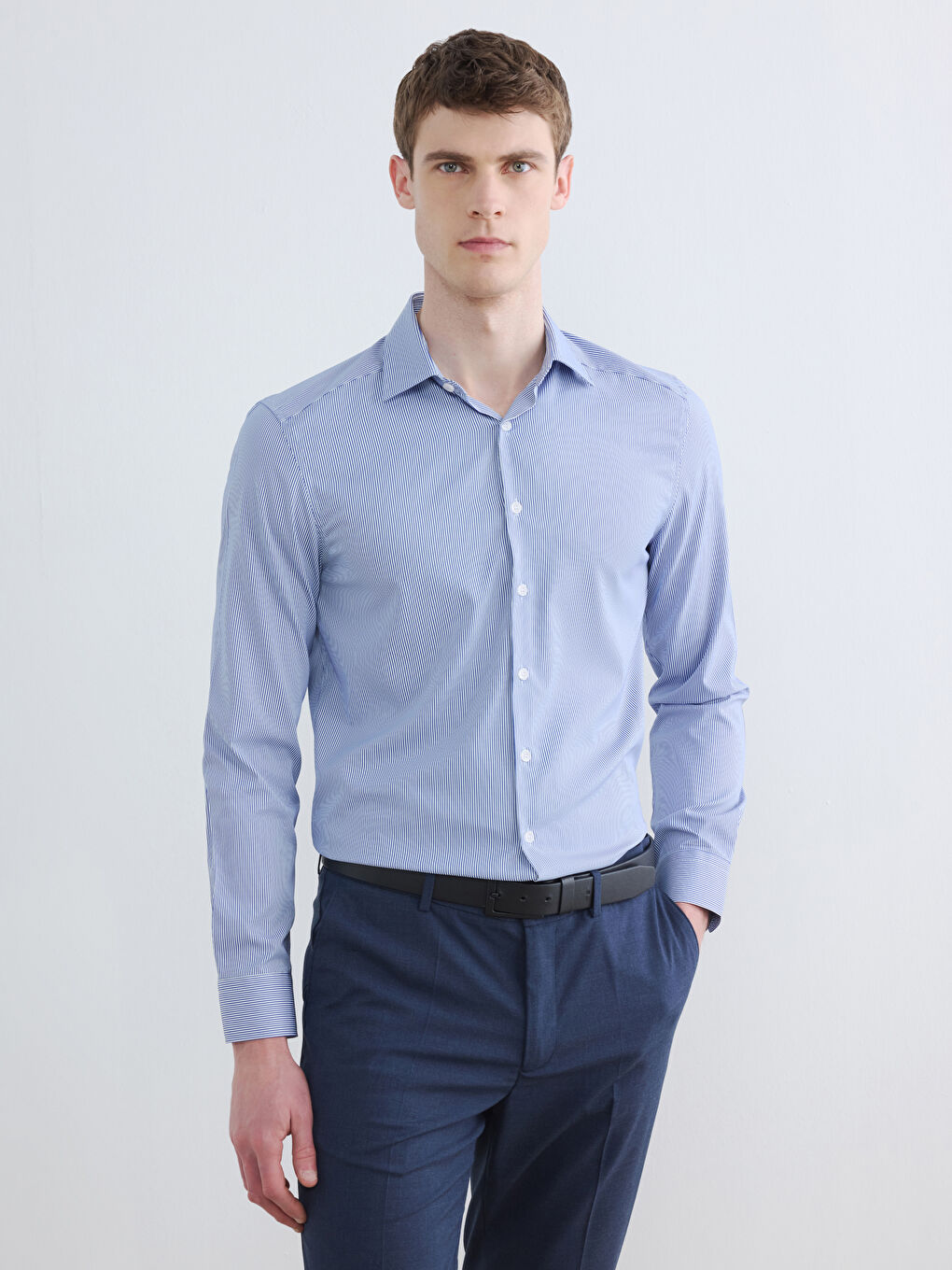 Lacivert Slim Fit Çizgili Erkek Gömlek