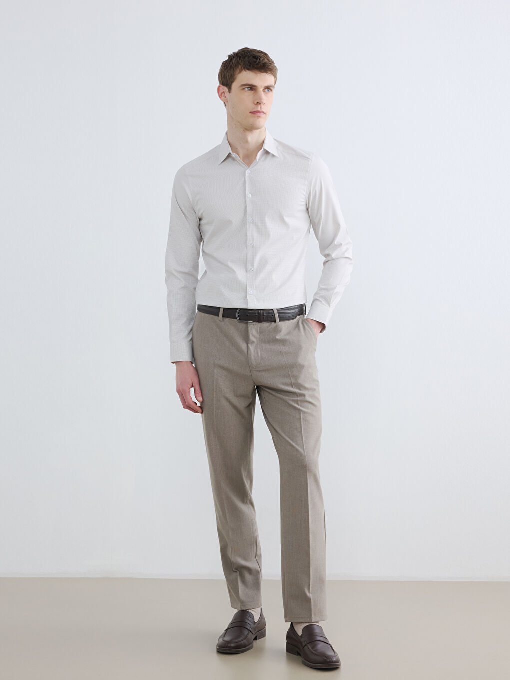 Bej Slim Fit Ekose Erkek Gömlek-2