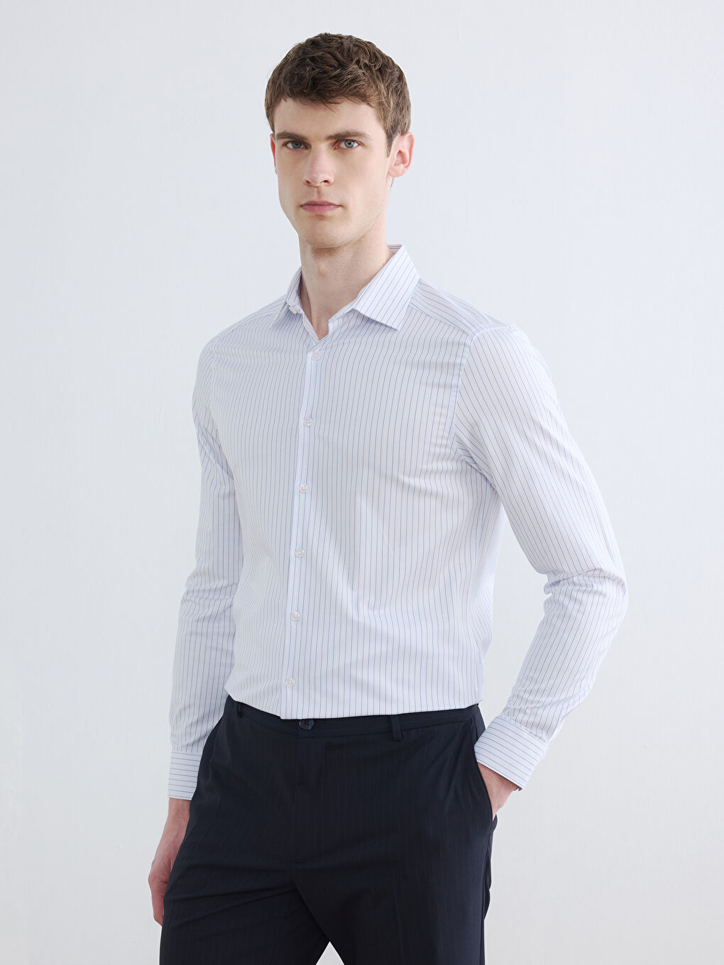 Mavi Slim Fit Çizgili Erkek Gömlek