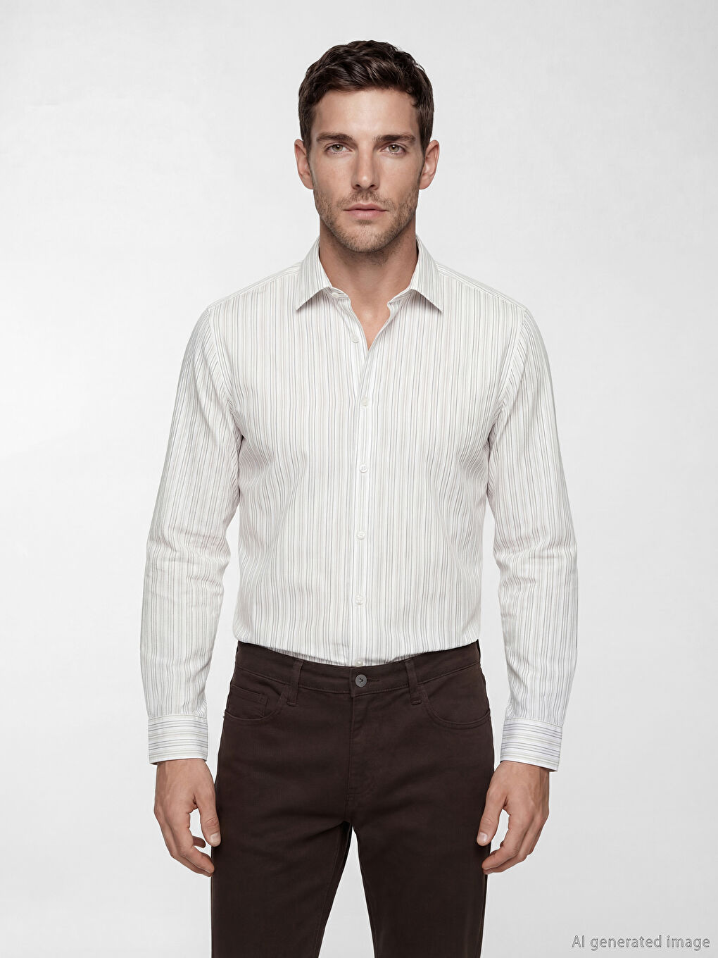 Bej Slim Fit Çizgili Erkek Gömlek