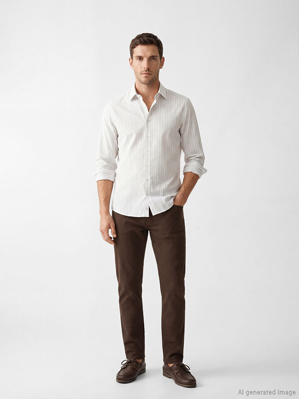 Bej Slim Fit Çizgili Erkek Gömlek-1