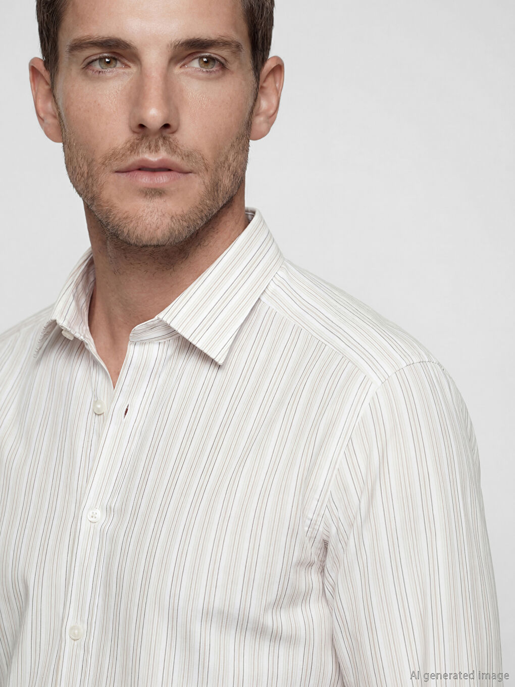 Bej Slim Fit Çizgili Erkek Gömlek-2