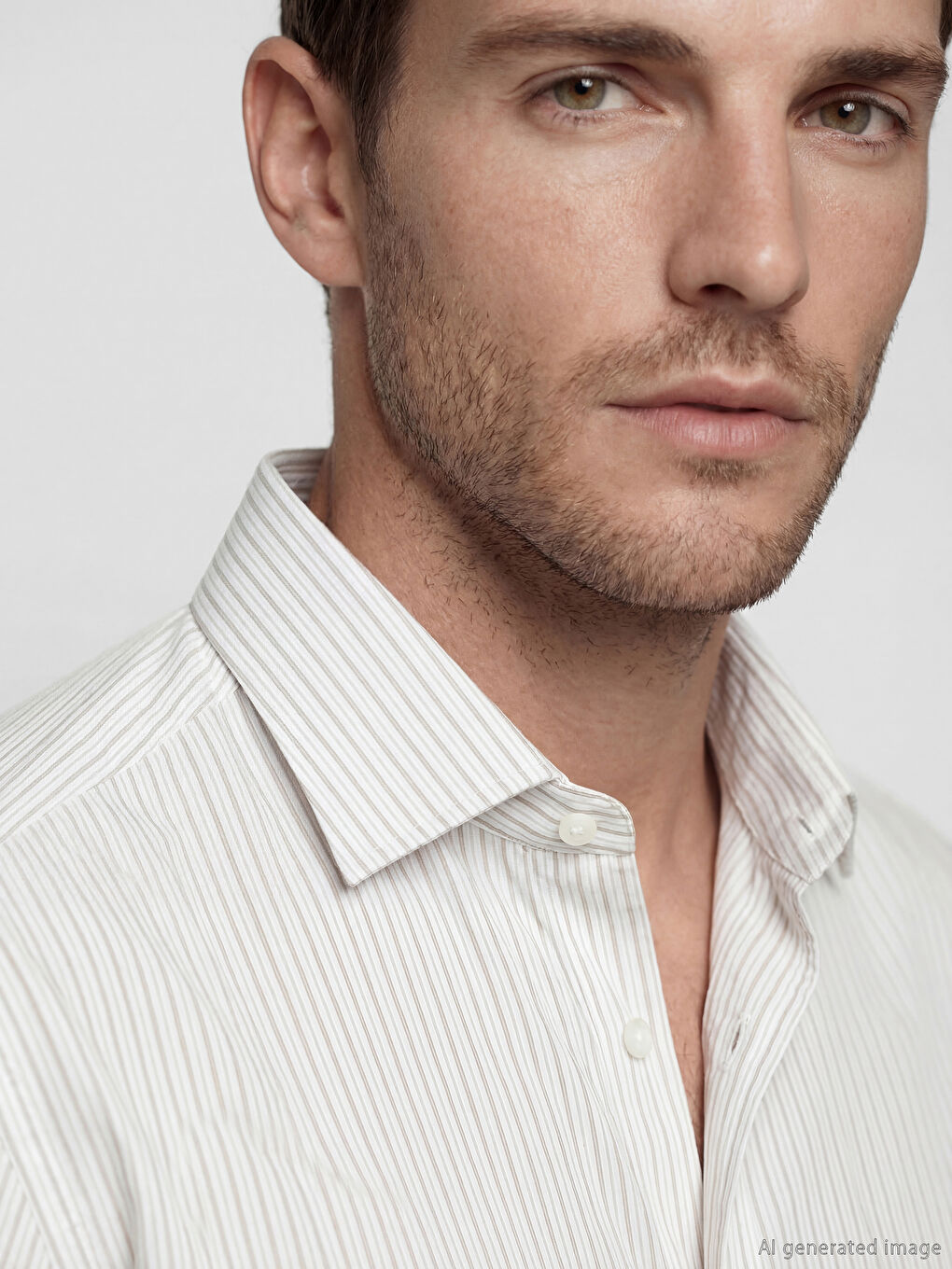 Bej Slim Fit Çizgili Erkek Gömlek-2