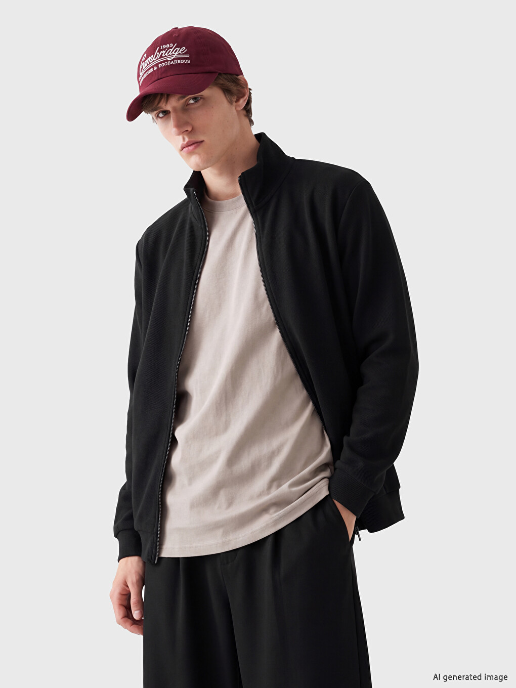Siyah Dik Yaka Erkek Fermuarlı Sweatshirt