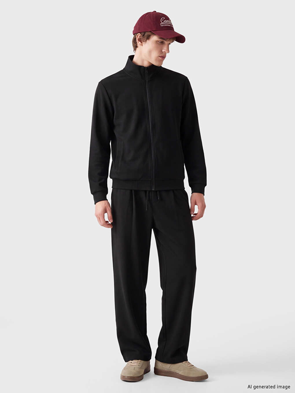 Siyah Dik Yaka Erkek Fermuarlı Sweatshirt-1