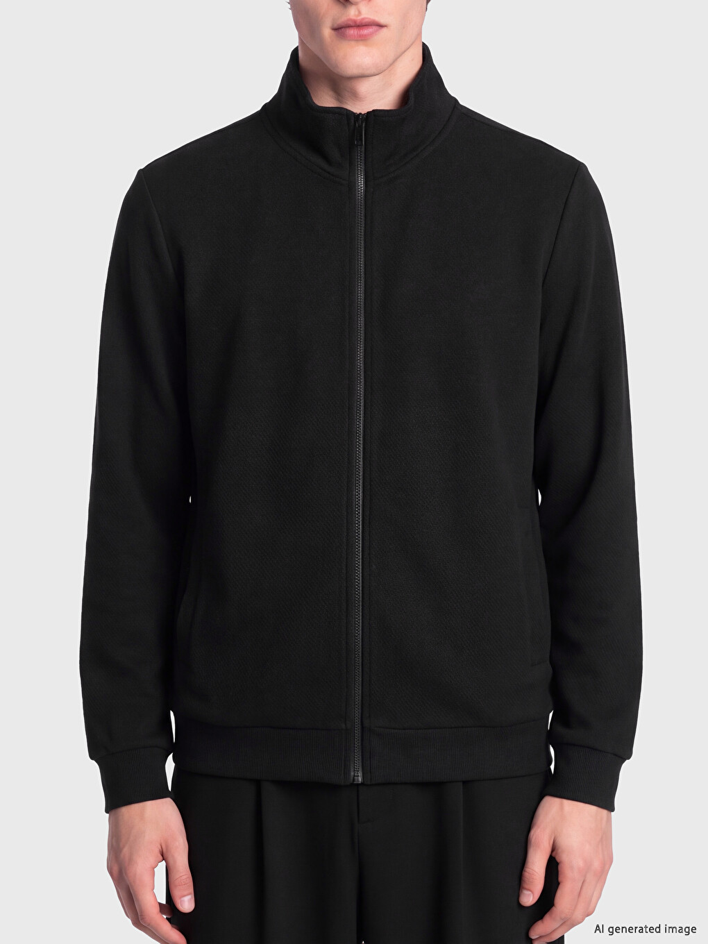 Siyah Dik Yaka Erkek Fermuarlı Sweatshirt-2