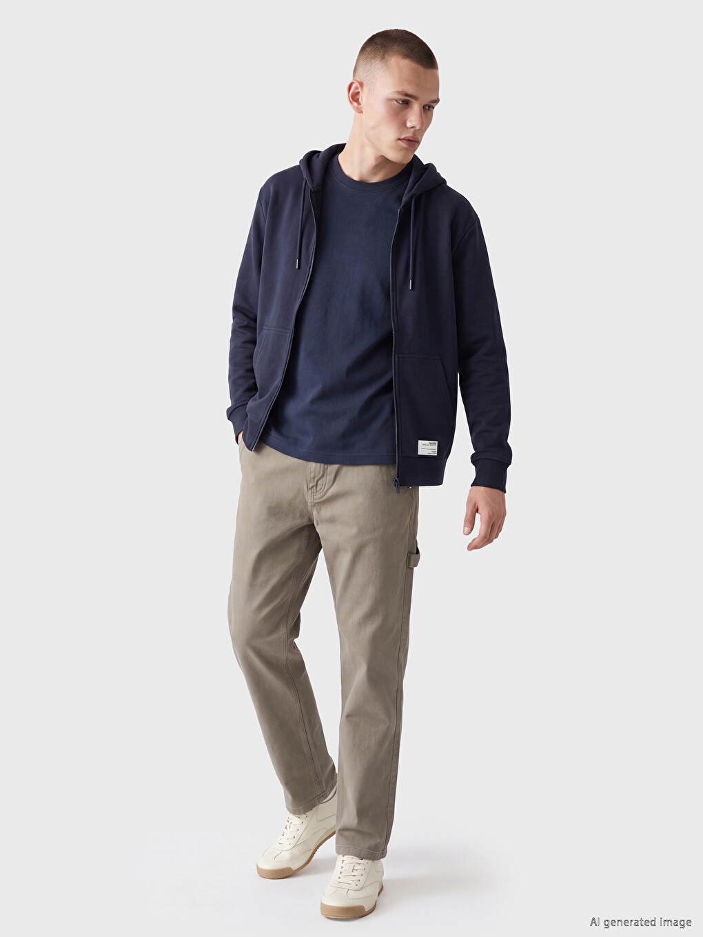 Lacivert Regular Fit Kapüşonlu Erkek Fermuarlı Sweatshirt-1