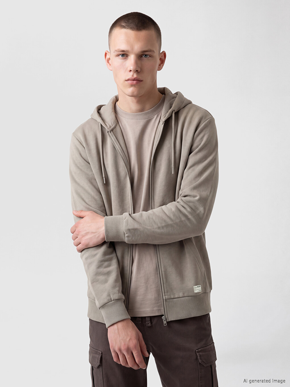 Bej Regular Fit Kapüşonlu Erkek Fermuarlı Sweatshirt