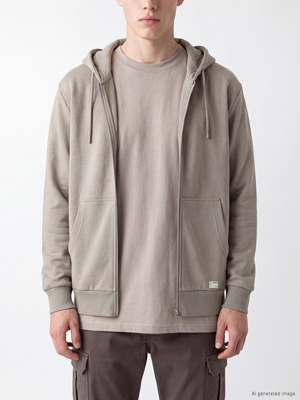 Bej Regular Fit Kapüşonlu Erkek Fermuarlı Sweatshirt-1