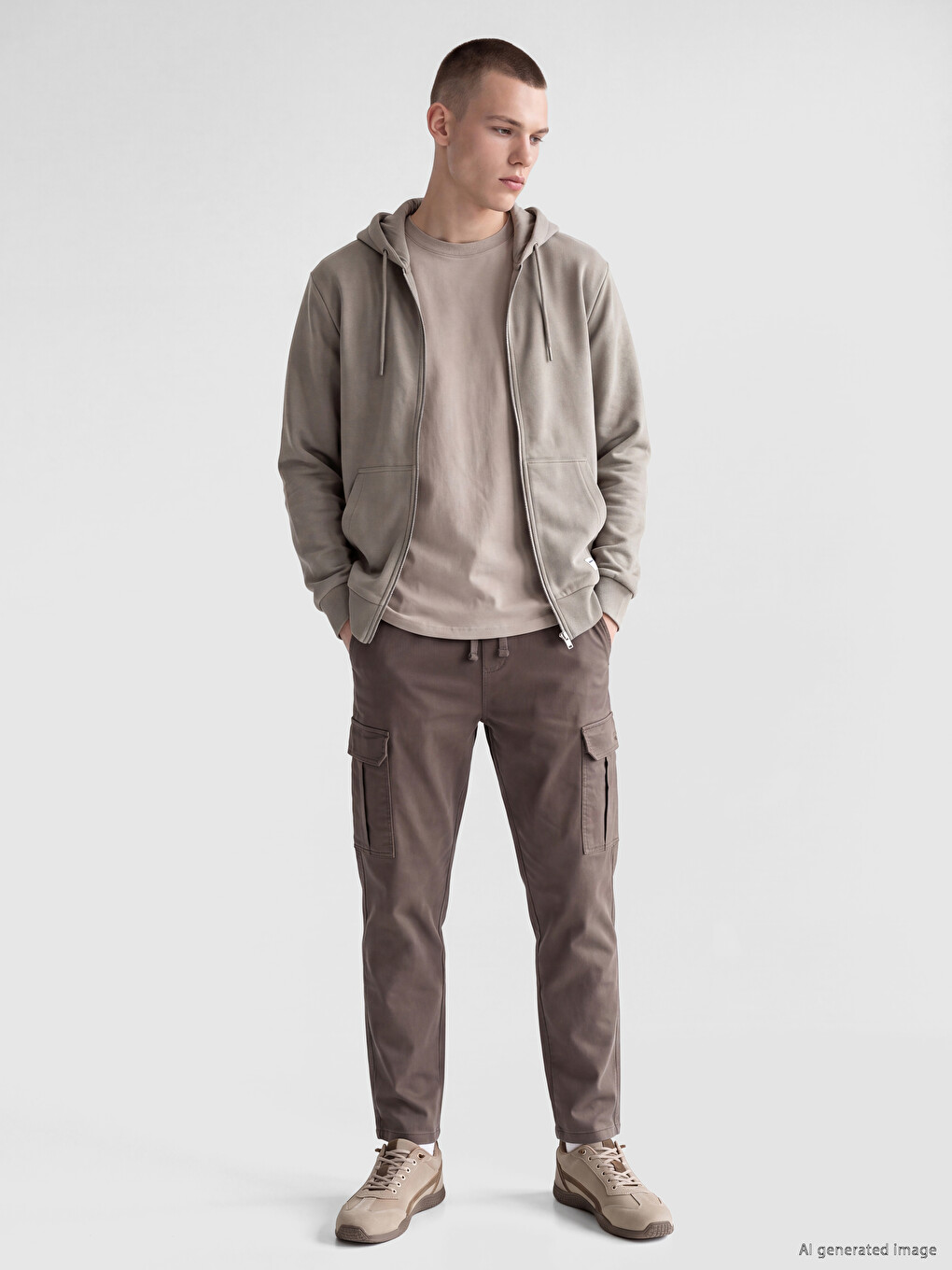 Bej Regular Fit Kapüşonlu Erkek Fermuarlı Sweatshirt-2