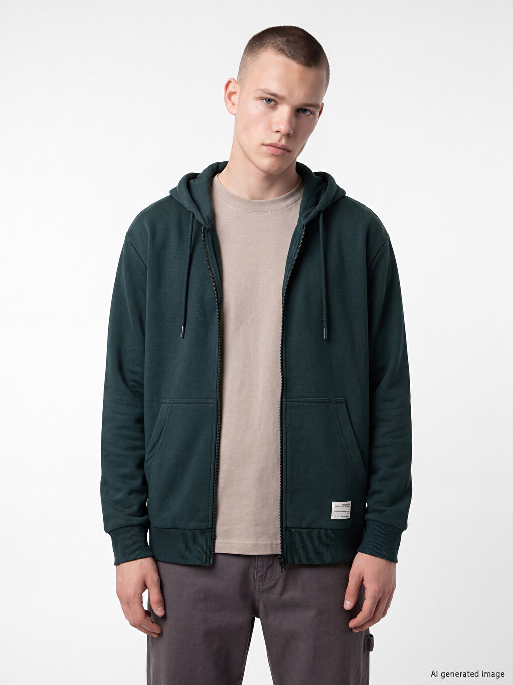 Petrol Kapüşonlu Erkek Fermuarlı Sweatshirt