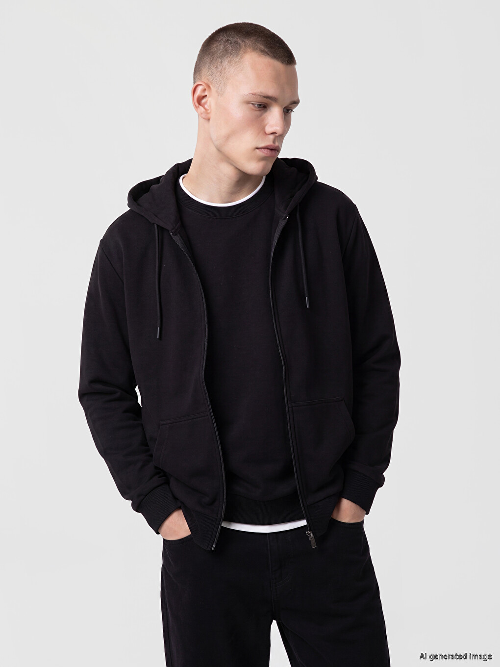 Siyah Regular Fit Kapüşonlu Erkek Fermuarlı Sweatshirt